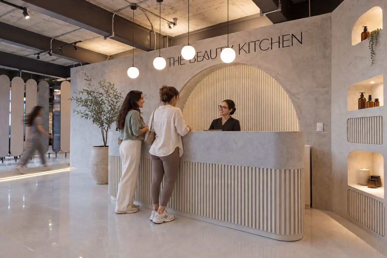 Recepción de The Beauty Kitchen: mostrador curvo de microcemento bajo el letrero, dos clientas conversando con la recepcionista